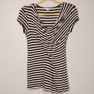 CAbi Drape Cowl Neck Short Sleeve Stripped Stretch Top Black White Size Small